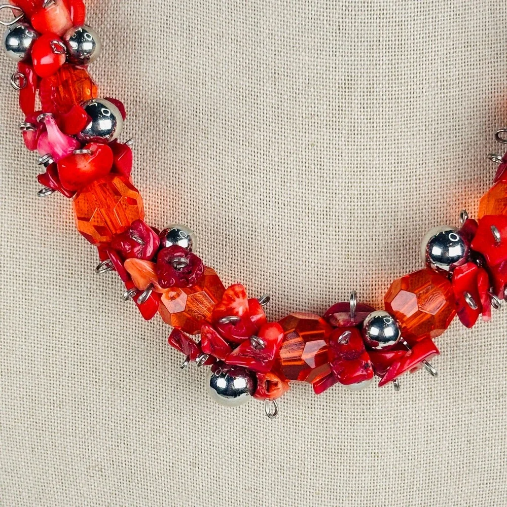 Bold Red Cluster Necklace Coral Chip Faceted Bead Silver Tone Maximalist Collar